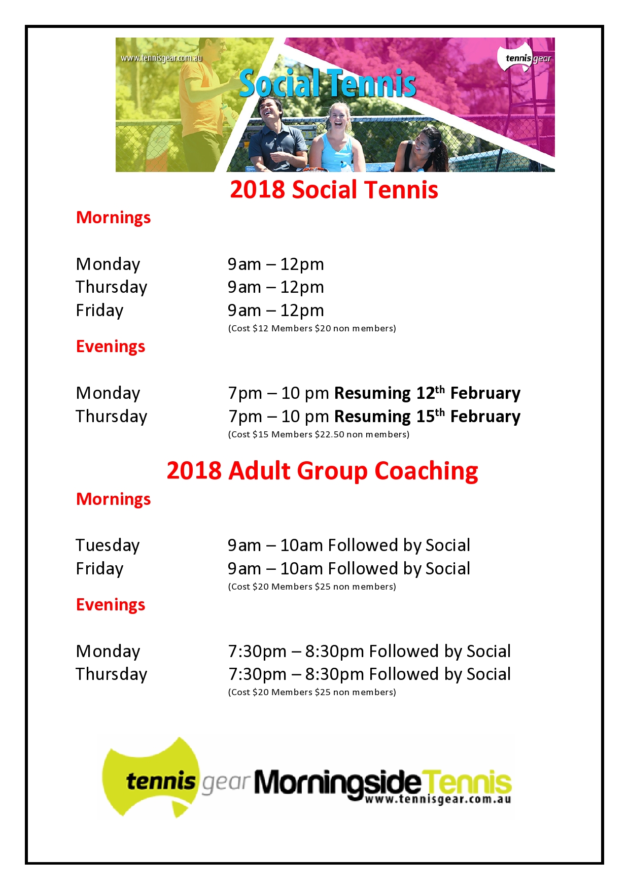 New Social Tennis and Adult Coaching Times and Days for 2018
